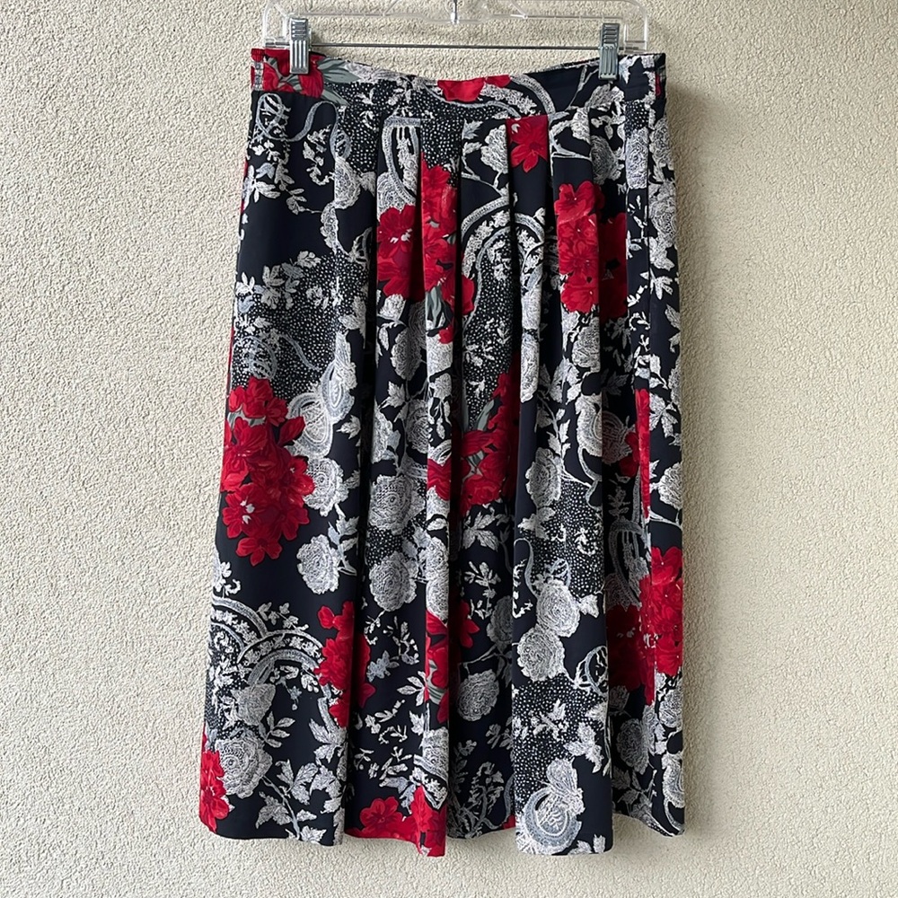Vintage Navy Floral & Red Unionmade A-Line Midi Skirt